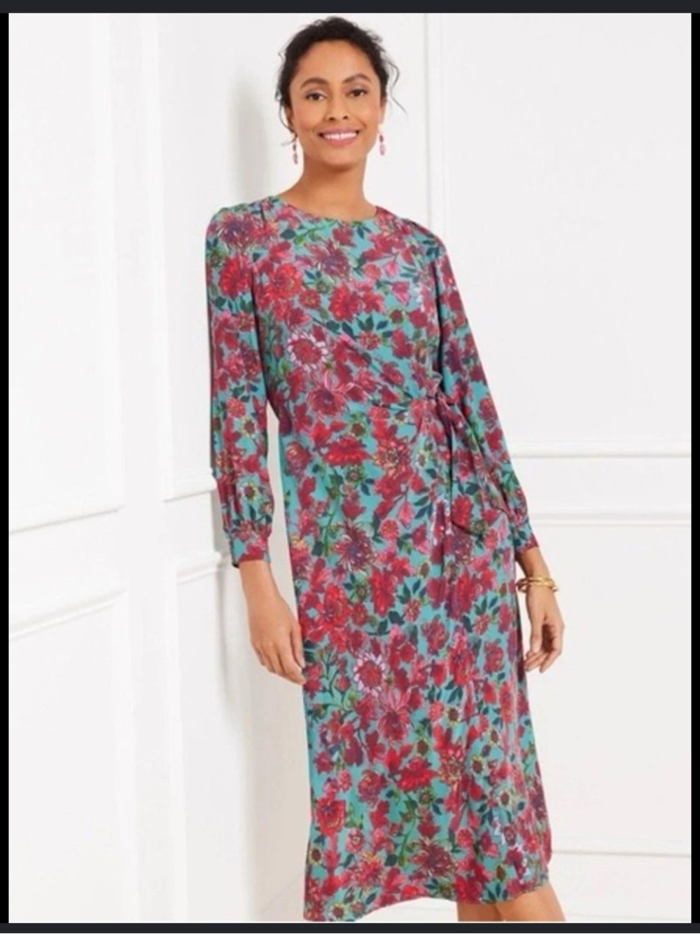 Talbots Womens Size 2 Petite Blue Red Side Tie Midi Dress in Stunning Floral